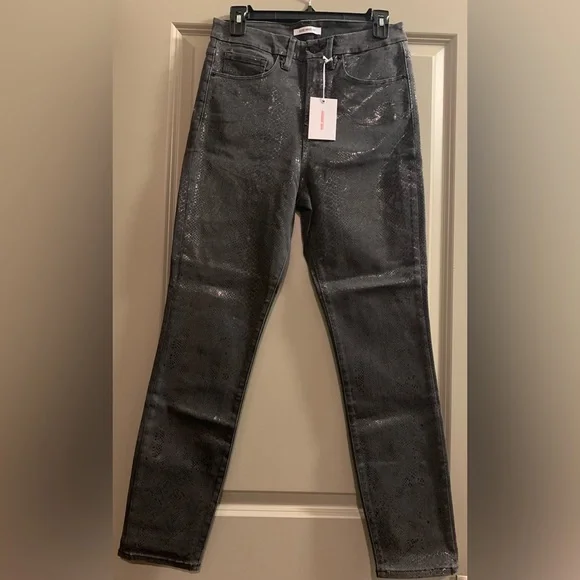 Good American Good Waist Jeans Gray Metallic Coated Snakeskin Skinny Size 8/29 - Picture 1 of 14